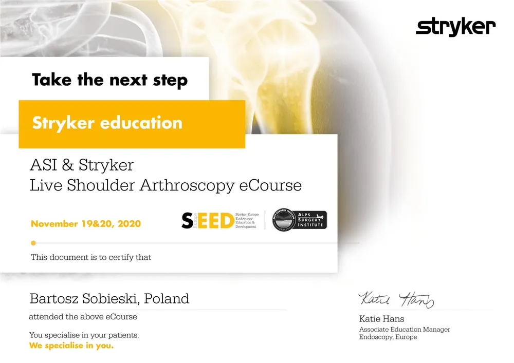 Certyfikat — dr n. med. Bartosz Sobieski