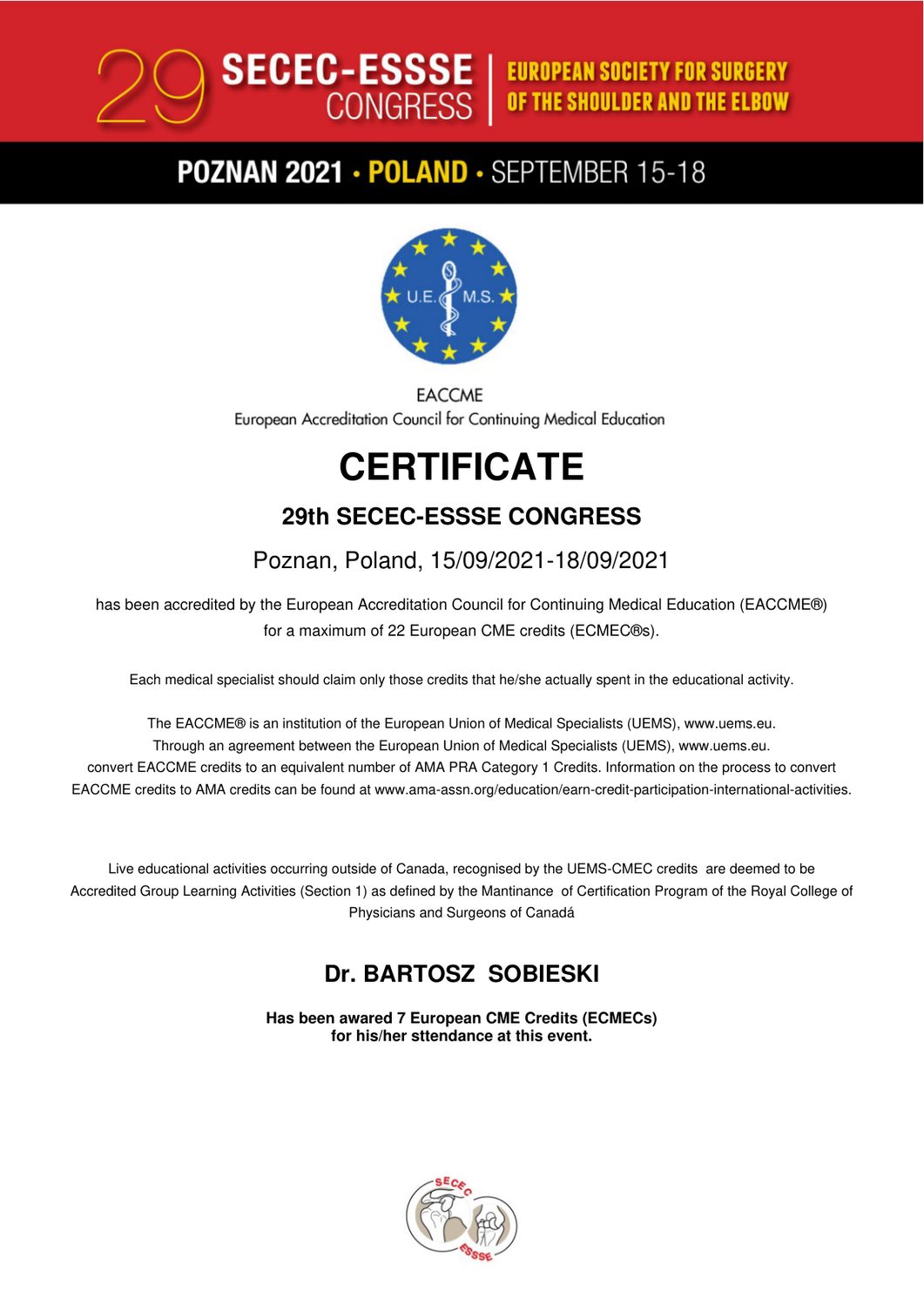 Certyfikat — dr n. med. Bartosz Sobieski