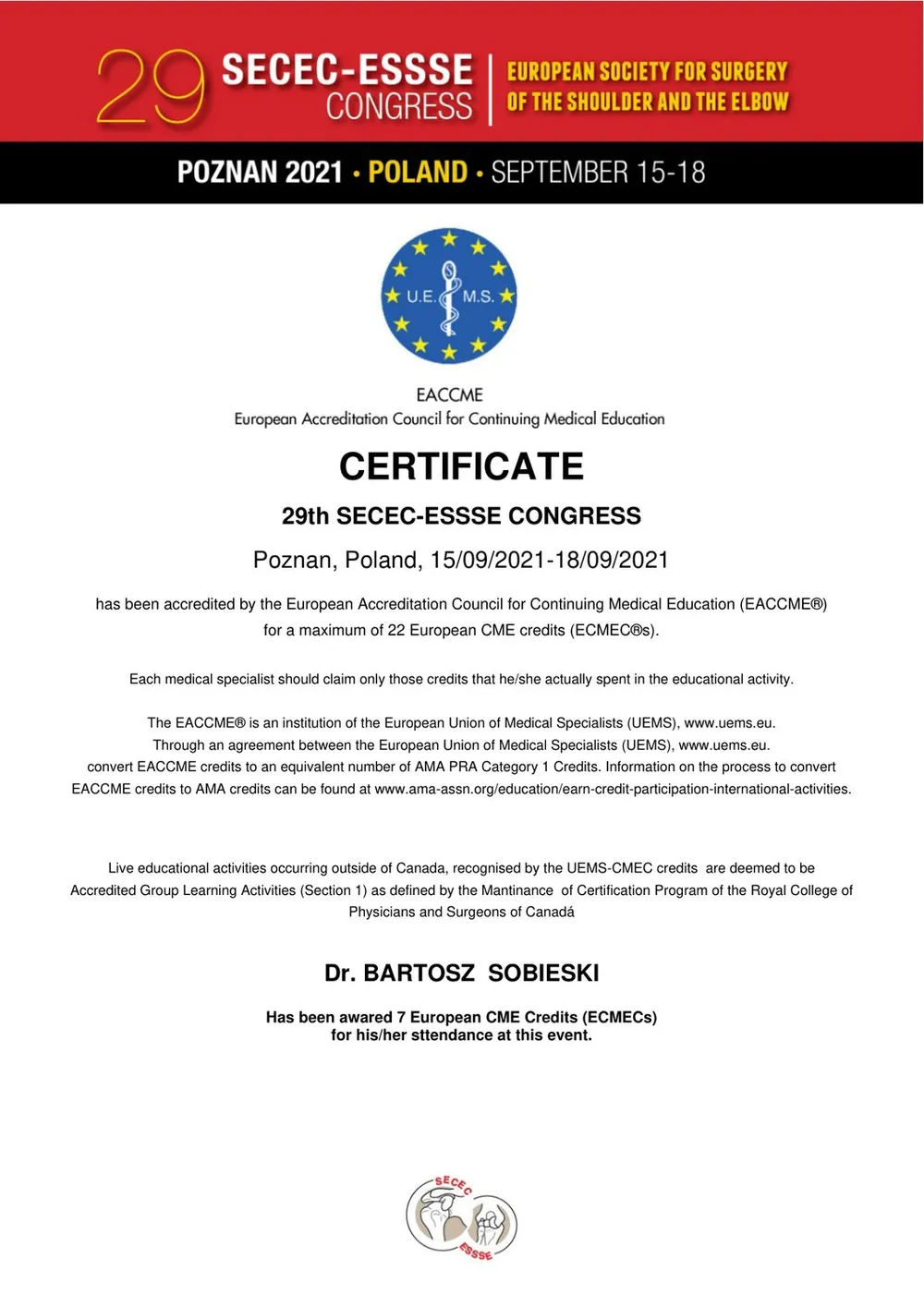Certyfikat — dr n. med. Bartosz Sobieski
