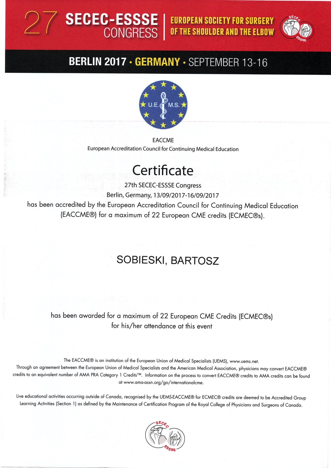 Certyfikat — dr n. med. Bartosz Sobieski