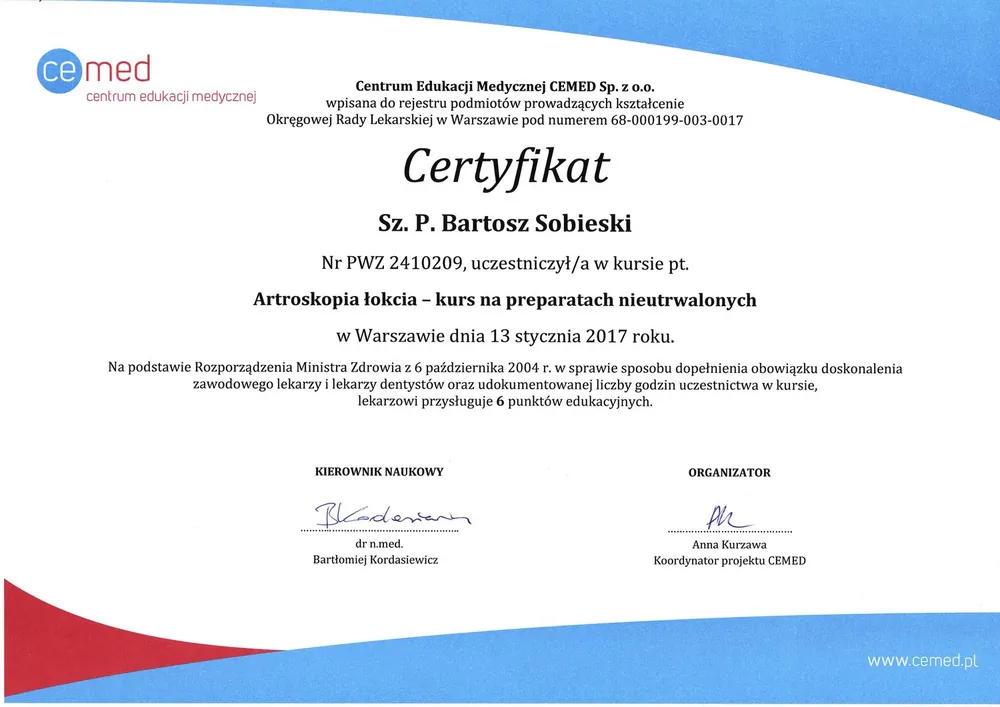 Certyfikat — dr n. med. Bartosz Sobieski