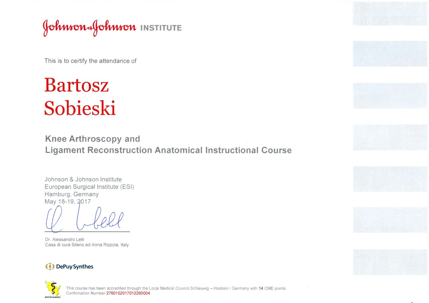 Certyfikat — dr n. med. Bartosz Sobieski
