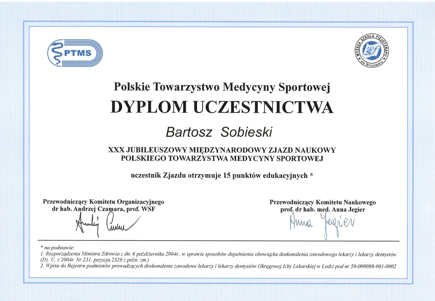 Certyfikat — dr n. med. Bartosz Sobieski