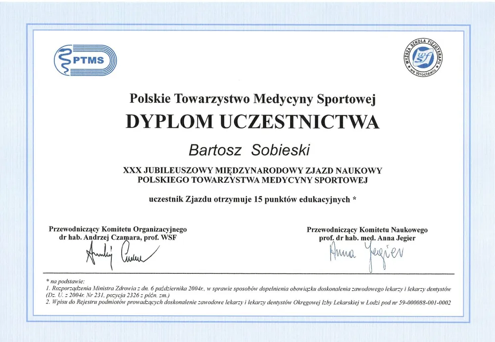 Certyfikat — dr n. med. Bartosz Sobieski