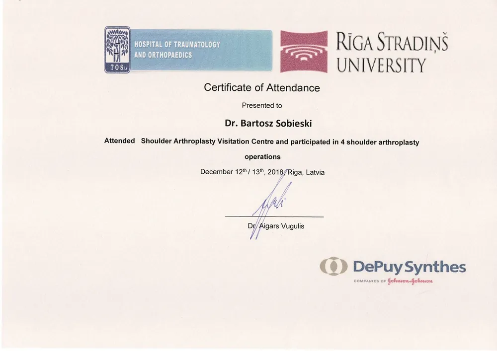 Certyfikat — dr n. med. Bartosz Sobieski