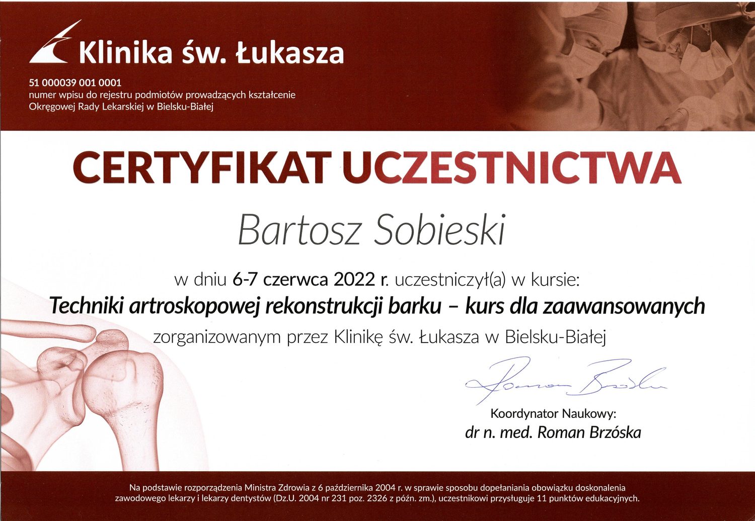 Certyfikat — dr n. med. Bartosz Sobieski